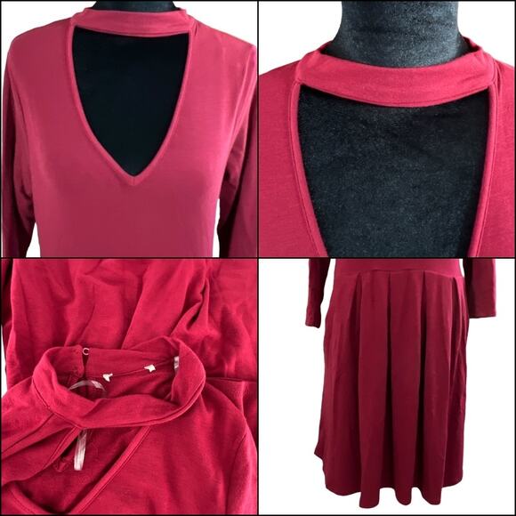 Burgundy Choker Collar Drop Waist Tunic Dress Pleated With Pockets Size Small - Picture 4 of 11